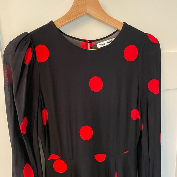 Reformation Luanne Red and Black Polka Dot Long Sleeve Midi Dress Size 4P - Picture 5 of 12